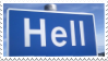 A stamp that is an image of a blue road sign that says 'Hell'.